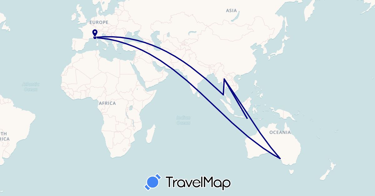 TravelMap itinerary: driving in Australia, France, Indonesia, Thailand (Asia, Europe, Oceania)